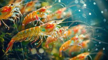 Colorful shrimps are swimming in a crystal clear underwater setting, showcasing their intricate details and lively movements in shallow water surrounded by natural elements. photo