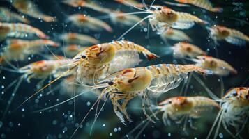 A group of colorful shrimp swims gracefully in clear ocean waters, showcasing their intricate features while bubbles surround them, creating a lively underwater atmosphere. photo