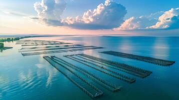 The peaceful coastal landscape showcases wooden structures used for aquaculture, reflecting soft golden light from the setting sun. Gentle waves add a calming effect. photo