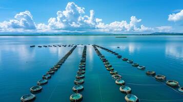 Expansive aquaculture farm features circular nets anchored in calm waters, surrounded by vibrant greens and blue sky, capturing the harmony of nature and farming. photo