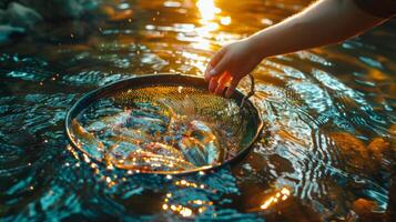 A person extends a hand to catch fish using a net in calm water during sunset, creating a serene atmosphere filled with reflections and soft light. photo