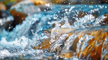 Bright sunlight illuminates a rainbow trout as it leaps gracefully over rushing water in a clear mountain stream, creating splashes and ripples against a rocky backdrop. photo