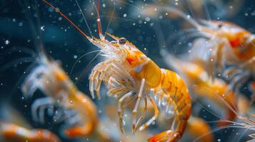 A group of shrimp is swimming elegantly in clear ocean waters, displaying their vivid colors and intricate details, creating a mesmerizing view of marine life in motion. photo