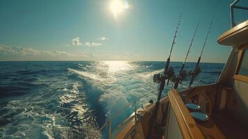 A fishing boat makes its way across sparkling blue waters, with rods set up for fishing. Bright sunlight glimmers on the ocean's surface, creating a peaceful ambiance. photo