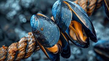 Mussels are securely attached to a weathered rope, showcasing their vibrant shells and rich textures against a blurred background of seaside elements during dawn. photo