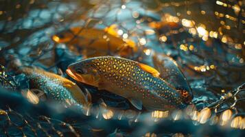 Trout are gathered in a fishing net, their scales shimmering in the sunlight reflecting off the water's surface, with a serene ambiance typical of late afternoon fishing. photo