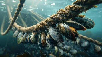 Underwater ropes serve as a habitat for clusters of mussels, showcasing the rich biodiversity of the ocean in clear blue waters during daylight. photo