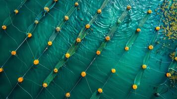 Bright yellow floats connected by nets create a striking pattern on clear turquoise waters, showcasing aquaculture practices in a tranquil marine setting under sunlight. photo