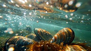 Colorful mussels are visible on the sandy seabed, surrounded by bubbles rising to the surface, with sunlight filtering through clear ocean waters, creating a serene underwater atmosphere. photo