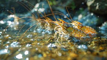 Several crawfish are seen navigating through a shallow stream under bright sunlight, surrounded by pebbles and bubbles, highlighting their vibrant orange hues and long antennas. photo