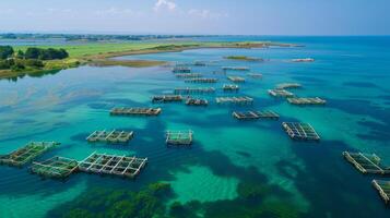 Floating fish farms are arranged in a grid pattern across a serene coastal lagoon, surrounded by lush green fields and clear blue skies on a sunny day. photo