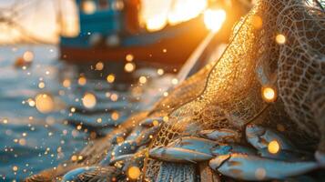 Fresh fish rest in a fishing net, sparkling with droplets as the sun sets over the calm ocean waters, casting a warm golden glow on a nearby colorful fishing boat. photo
