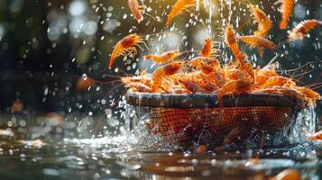 Shrimp are being scooped up from the water with a basket, creating splashes as they are harvested. Bright sunlight filters through, adding warmth to the vibrant colors. photo