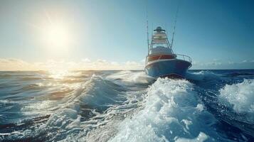 A fishing boat moves steadily through the ocean, creating white frothy waves behind it while the sun sets in the background, casting a warm glow across the water. photo