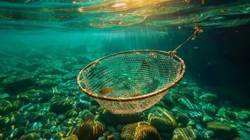 A fishing net floats underwater among colorful stones and plants, illuminated by sunlight filtering through the surface, creating a serene aquatic environment. photo