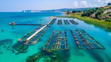 Lush green hills surround extensive aquaculture platforms floating in calm turquoise waters, showcasing the harmony of nature and cultivation in a serene coastal landscape. photo