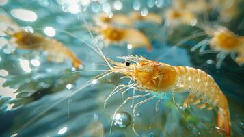 Shrimp can be seen actively swimming in clear water, showcasing their translucent bodies and delicate antennae while bubbles surround them, highlighting their underwater habitat. photo