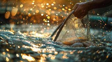 A fisherman skillfully nets fish in a river as the golden light of sunset reflects on the water, creating a serene and picturesque atmosphere. photo