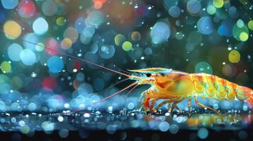 A vibrant shrimp explores a glossy surface while colorful bokeh lights create a magical backdrop, highlighting its bright orange and yellow hues in a captivating aquatic setting. photo