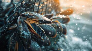Mussels cling to a fishing net, glistening in the sunlight as water droplets cascade around them, highlighting the vibrant colors of the shellfish and the ocean backdrop. photo