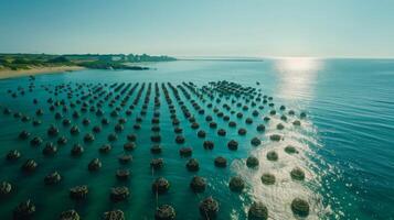 Thick wooden structures create a mesmerizing pattern in the shallow waters, reflecting the warm hues of sunset near a tranquil coastal settlement. photo
