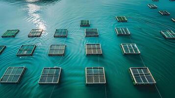 Multiple floating platforms create a tranquil aquaculture setup in the water, reflecting sunlight as evening approaches. The still surface enhances the serene atmosphere. photo