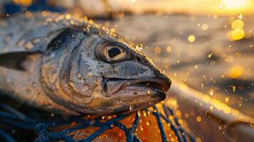 A freshly caught fish, glistening with droplets of water, rests on a blue fishing net while the sun sets, casting a warm glow over the scene and creating a tranquil atmosphere. photo