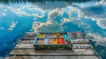 A beautifully arranged tackle box filled with vibrant fishing lures sits on a rustic wooden dock. The calm lake mirrors fluffy clouds, creating a tranquil setting at midday. photo