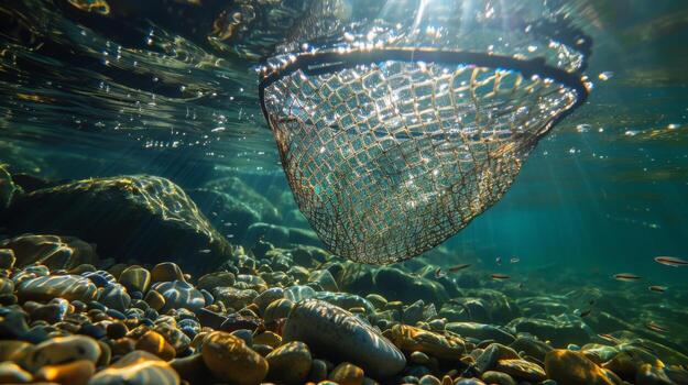 A mesh net is submerged in a crystal clear river, capturing small fish and underwater rocks during a sunny afternoon, showcasing the vibrant aquatic environment. photo