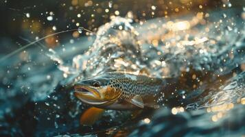 A brown trout splashes in clear water, droplets flying in the morning light as an angler attempts to reel it in while enjoying a tranquil fishing trip along a serene river. photo