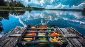 A well organized fishing tackle box displays various lures and hooks on a wooden dock. The peaceful lake reflects a clear sky with fluffy clouds, creating a picturesque outdoor scene. photo