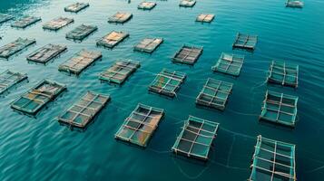 Fish farms float on calm waters, showcasing an organized layout of nets and cages. This sustainable aquaculture method supports seafood production while maintaining ecological balance. photo
