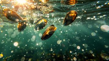 Sunlight dances on the surface as shiny shells float gracefully underwater, creating a captivating view in a tranquil ocean setting during midday. photo