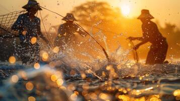 Fishermen work diligently at sunrise, casting nets into glistening water. The orange glow of the sun creates a magical atmosphere as droplets rise from their efforts. photo