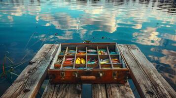 A rustic tackle box filled with various fishing lures and accessories sits open on a wooden dock. The still water reflects clouds and the surrounding environment during sunset. photo