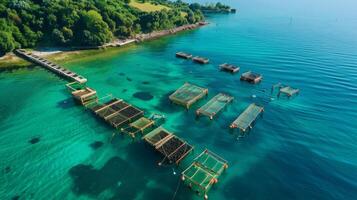 Floating structures used for aquaculture are seen in clear blue waters, surrounded by a green landscape. The sunlight reflects off the water, creating a serene atmosphere. photo
