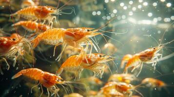 Bright orange shrimp are seen swimming in a clear aquatic environment, surrounded by bubbles and shafts of sunlight filtering through the water during daytime. photo