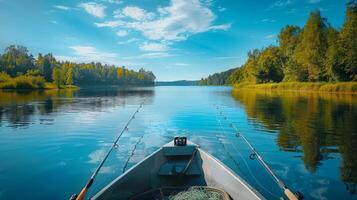 A boat floats on a serene lake, with fishing rods ready to catch fish. Lush green trees line the shore under a bright blue sky, creating a tranquil atmosphere. photo