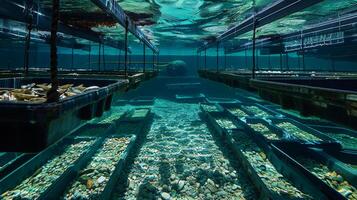 Several rafts containing various types of marine life are seen underwater, surrounded by clear water and sunlight illuminating the sandy bottom, creating a serene environment. photo