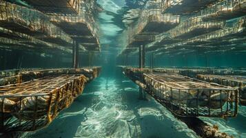 Oyster farming cages are submerged underwater, arranged in neat rows. Sunlight filters through the water, illuminating the scene and highlighting the marine environment. photo