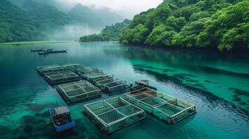 Colorful fish farming structures float in a tranquil lagoon, framed by verdant mountains shrouded in mist, captured in the calm atmosphere of early morning. photo