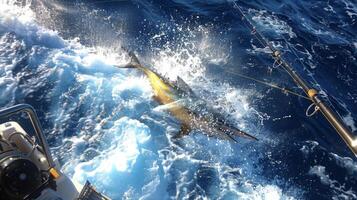 Anglers experience the thrill of reeling in a large marlin while deep sea fishing in crystal blue waters, splashes everywhere under the bright sun. photo
