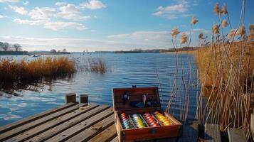 A well organized fishing tackle box sits open on a rustic wooden dock by a calm lake. The water reflects the blue sky, with soft clouds drifting above, while reeds line the shore. photo