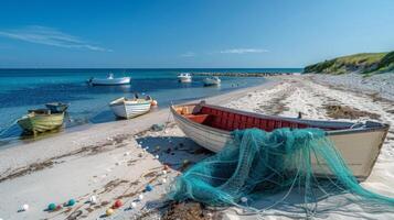 Tranquil beach scene features multiple boats resting on the sand at low tide, with fishing nets scattered around, while gentle waves lap at the shore under a sunny sky. photo