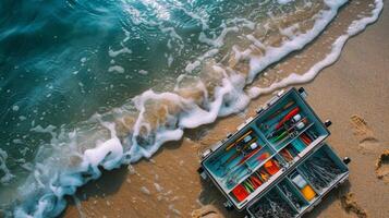 A well organized fishing tackle box lies open on a sandy beach, showcasing various lures and tools, while small waves roll gently onto the shore under a clear sky. photo