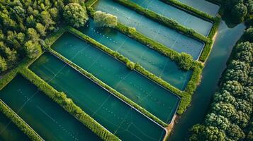 Aquaculture ponds filled with water surrounded by vibrant green vegetation offer a glimpse into sustainable fish farming practices under soft morning light, showcasing nature's harmony. photo
