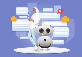 Muslim woman stands next to a friendly robot, showcasing the intersection of human interaction and artificial intelligence. Speech bubbles and icons highlight digital communication advancements. photo