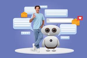 A young man stands beside a friendly robot, showcasing innovative AI capabilities. They are surrounded by chat bubbles, symbolizing interaction and assistance in daily tasks. photo