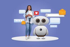 Woman stands confidently with a smartphone, interacting with a friendly virtual assistant robot against a vibrant, tech-themed background. photo