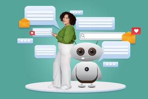 Woman interacts with a friendly AI assistant amidst digital messaging icons and applications representing modern technology. This illustrates how AI enhances communication and support. photo